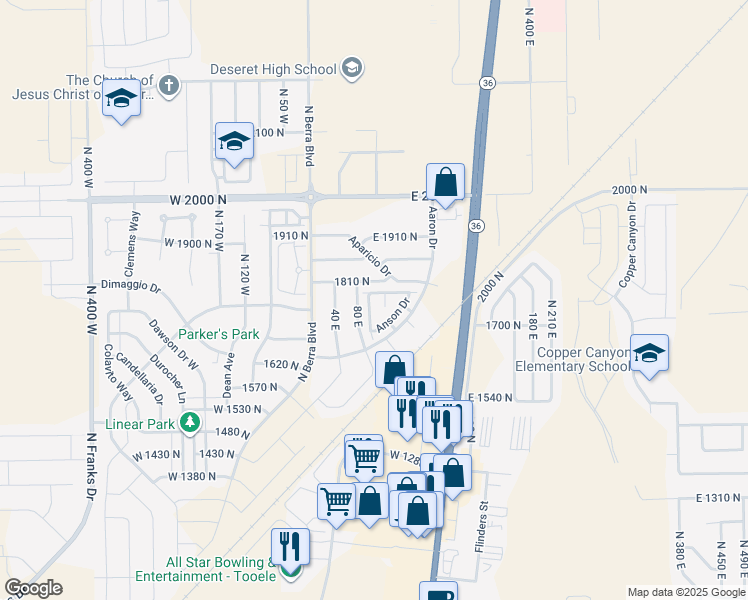 map of restaurants, bars, coffee shops, grocery stores, and more near 1778 North Brett Street in Tooele