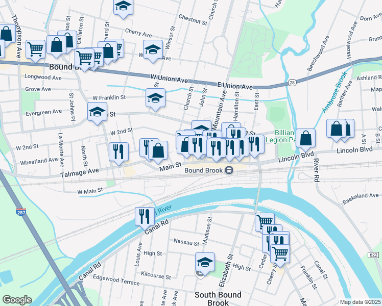map of restaurants, bars, coffee shops, grocery stores, and more near 7 East Main Street in Bound Brook