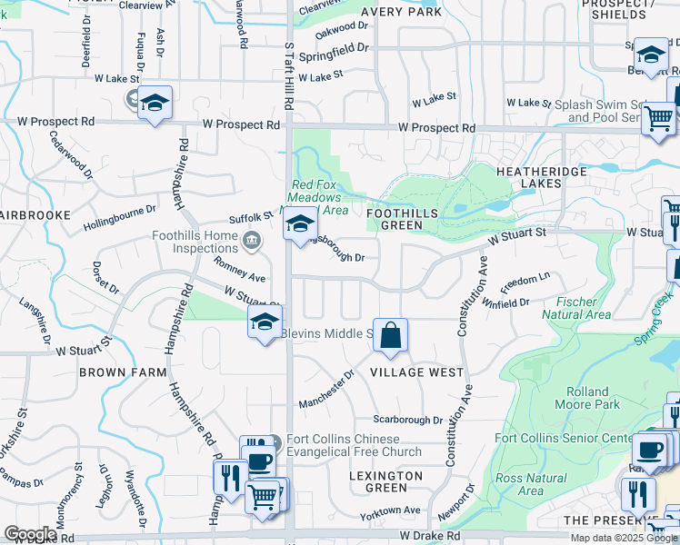 map of restaurants, bars, coffee shops, grocery stores, and more near 1930 West Stuart Street in Fort Collins
