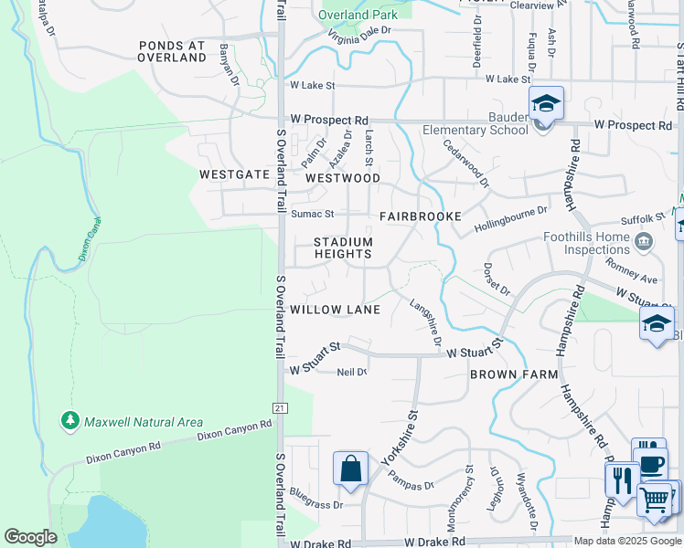 map of restaurants, bars, coffee shops, grocery stores, and more near 2913 Somerville Drive in Fort Collins