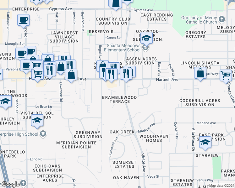 map of restaurants, bars, coffee shops, grocery stores, and more near 1658 Bramble Place in Redding