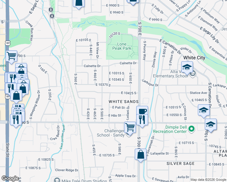 map of restaurants, bars, coffee shops, grocery stores, and more near 569 East 10425 South in Sandy