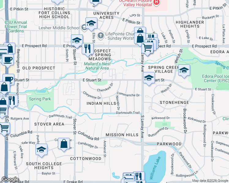 map of restaurants, bars, coffee shops, grocery stores, and more near 1905 Navajo Drive in Fort Collins
