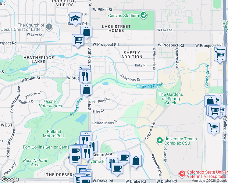 map of restaurants, bars, coffee shops, grocery stores, and more near 910 Hill Pond Road in Fort Collins