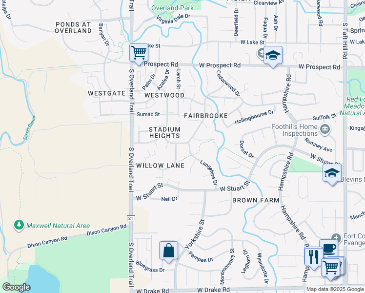 map of restaurants, bars, coffee shops, grocery stores, and more near 2001 White Rock Court in Fort Collins