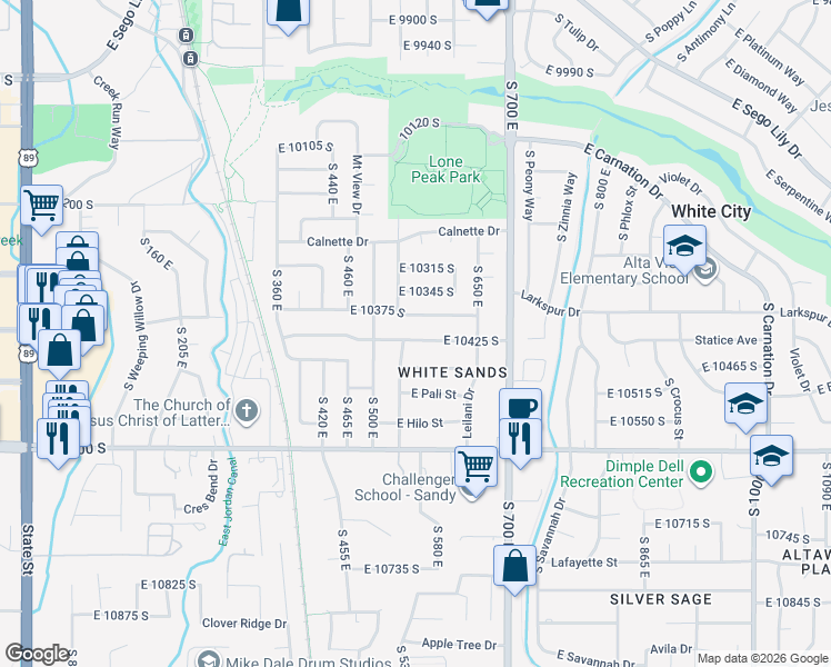 map of restaurants, bars, coffee shops, grocery stores, and more near 571 East Pico Street in Sandy