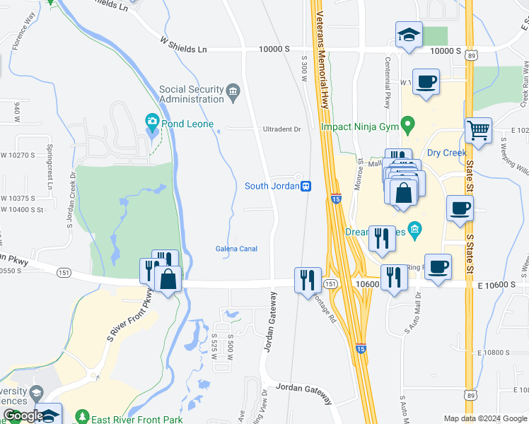 map of restaurants, bars, coffee shops, grocery stores, and more near 10428 South Jordan Gateway in South Jordan
