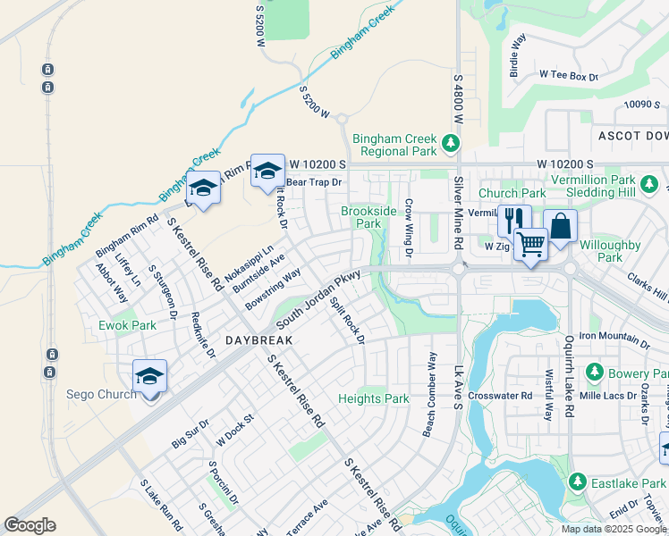map of restaurants, bars, coffee shops, grocery stores, and more near 10457 South Split Rock Drive in South Jordan