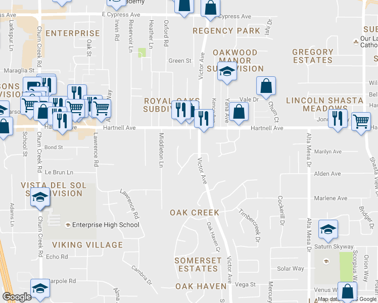 map of restaurants, bars, coffee shops, grocery stores, and more near 1655 Bramble Place in Redding