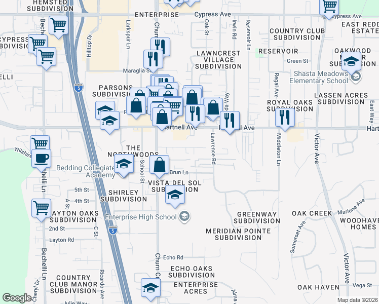 map of restaurants, bars, coffee shops, grocery stores, and more near 1134 Le Brun Lane in Redding