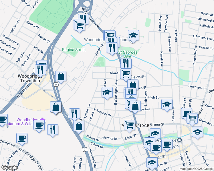 map of restaurants, bars, coffee shops, grocery stores, and more near 290 Church Street in Woodbridge Township