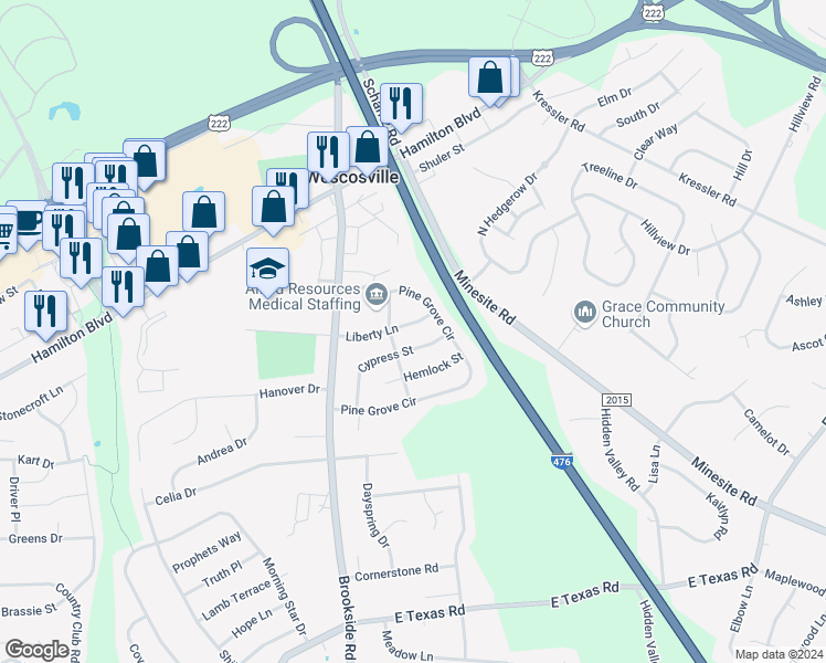 map of restaurants, bars, coffee shops, grocery stores, and more near 4894 Liberty Lane in Allentown