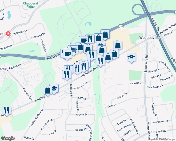 map of restaurants, bars, coffee shops, grocery stores, and more near 5475 Hamilton Boulevard in Allentown