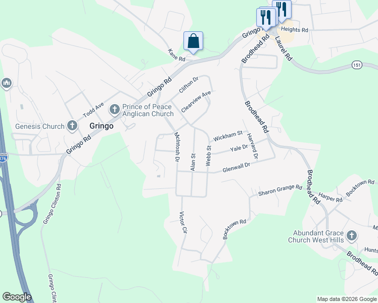 map of restaurants, bars, coffee shops, grocery stores, and more near 5620 Alan Street in Aliquippa