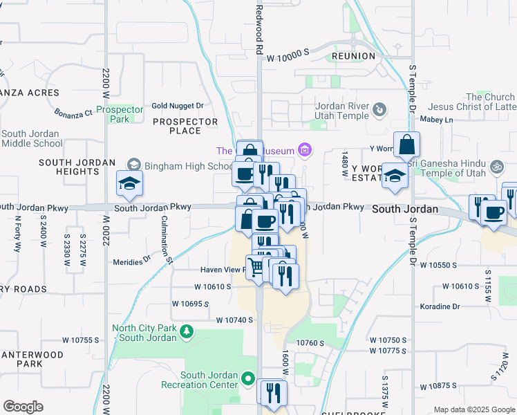 map of restaurants, bars, coffee shops, grocery stores, and more near 10400 South Redwood Road in South Jordan
