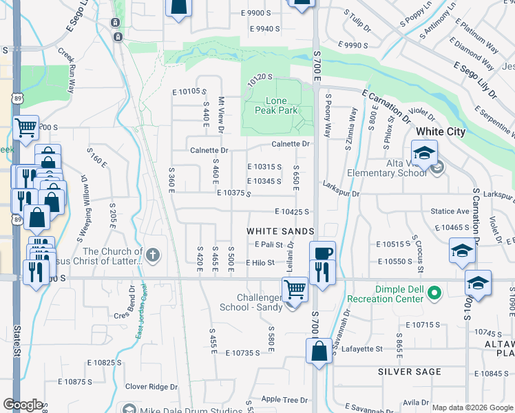 map of restaurants, bars, coffee shops, grocery stores, and more near 571 East Pico Street in Sandy