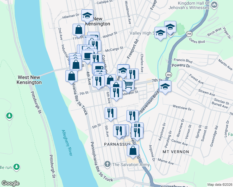 map of restaurants, bars, coffee shops, grocery stores, and more near 614 Constitution Boulevard in New Kensington
