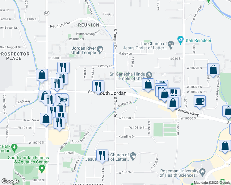 map of restaurants, bars, coffee shops, grocery stores, and more near 1300 South Jordan Parkway in South Jordan