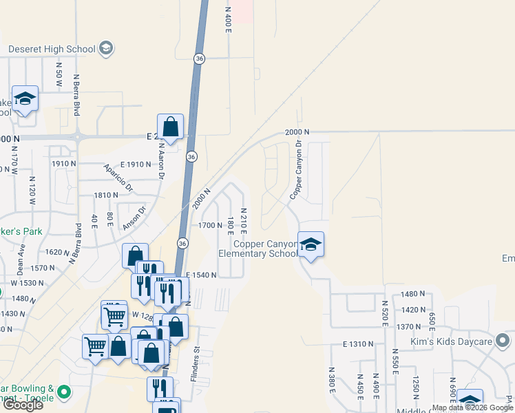 map of restaurants, bars, coffee shops, grocery stores, and more near 1763 North Patchwork Avenue in Tooele