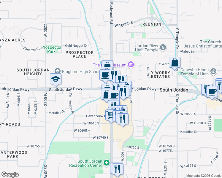 map of restaurants, bars, coffee shops, grocery stores, and more near 10400 South Redwood Road in South Jordan
