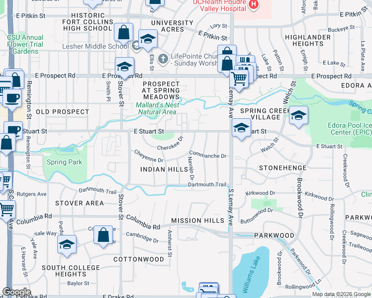 map of restaurants, bars, coffee shops, grocery stores, and more near 920 Cheyenne Drive in Fort Collins