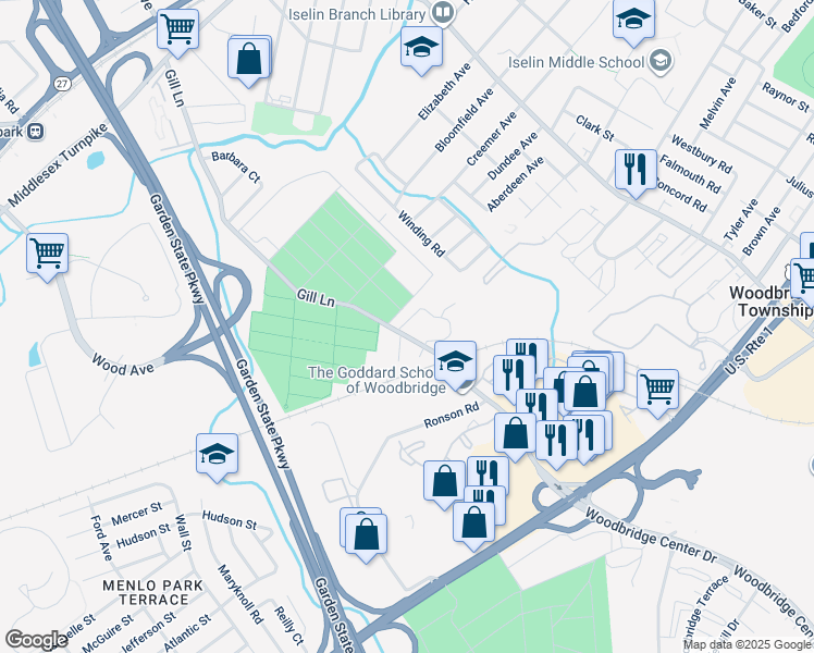 map of restaurants, bars, coffee shops, grocery stores, and more near 323 Gill Lane in Woodbridge Township