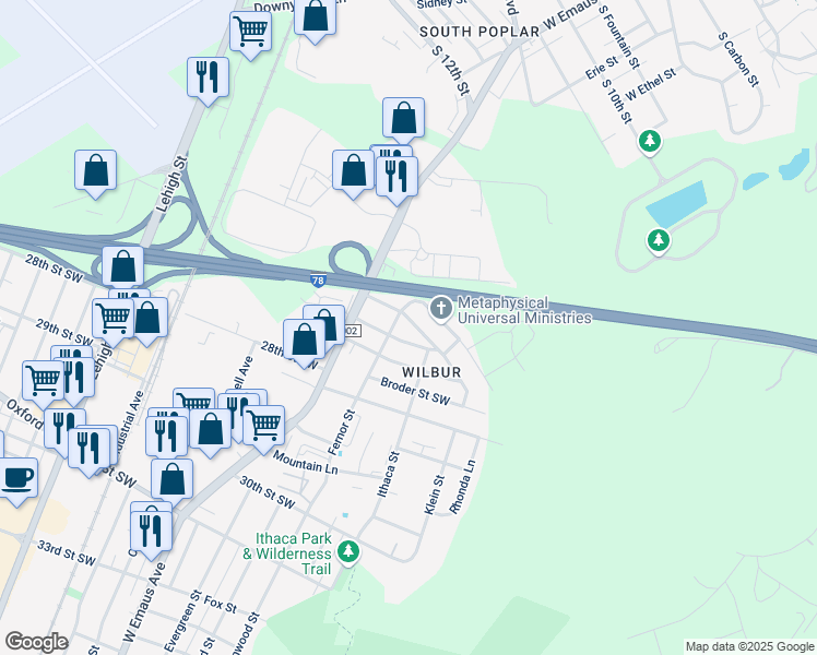 map of restaurants, bars, coffee shops, grocery stores, and more near 2502 Fernor Street in Allentown