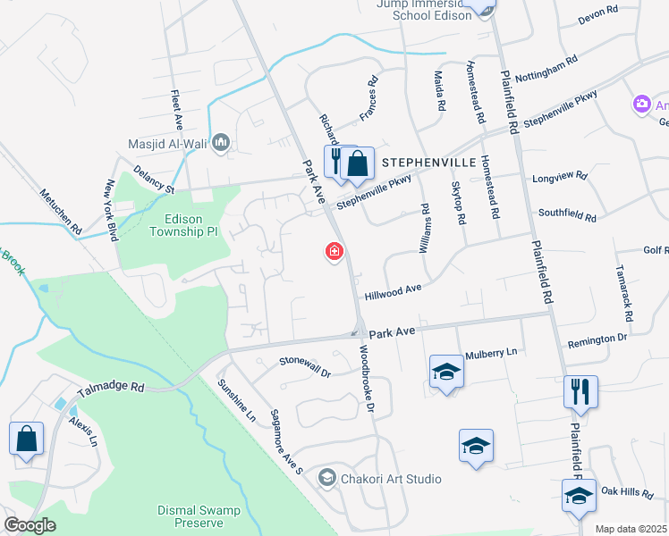 map of restaurants, bars, coffee shops, grocery stores, and more near 3900 Park Avenue in Edison