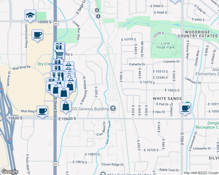 map of restaurants, bars, coffee shops, grocery stores, and more near 10418 S Sage Canal Way in Sandy