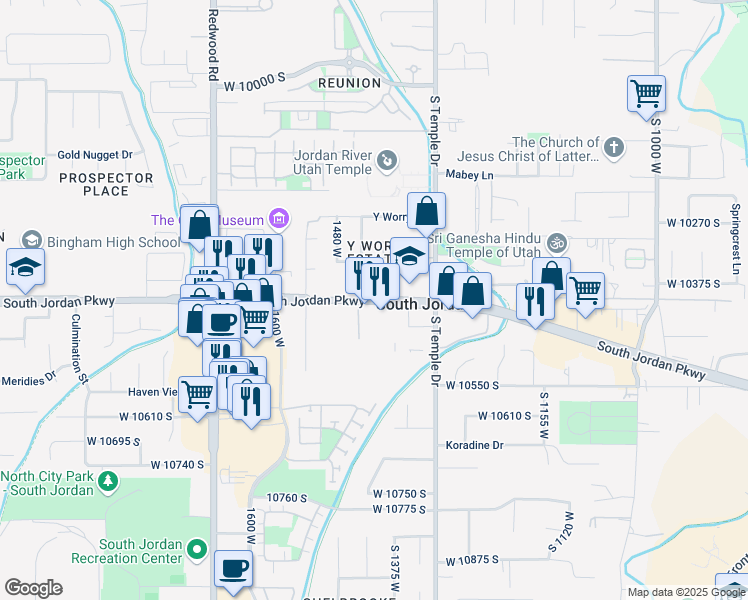 map of restaurants, bars, coffee shops, grocery stores, and more near 1390 South Jordan Parkway in South Jordan