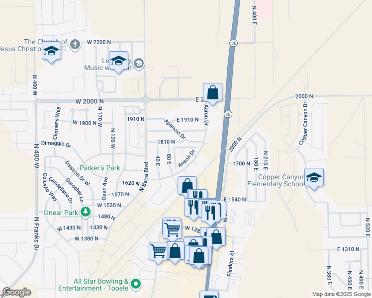 map of restaurants, bars, coffee shops, grocery stores, and more near 161 Aparicio Drive in Tooele