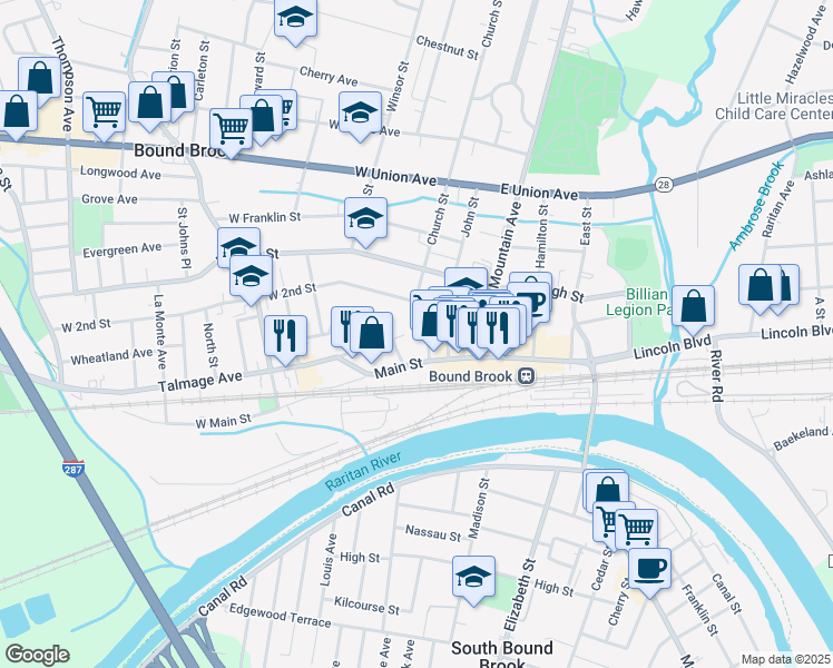 map of restaurants, bars, coffee shops, grocery stores, and more near 15 West 2nd Street in Bound Brook