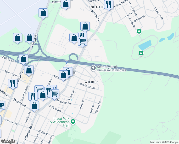 map of restaurants, bars, coffee shops, grocery stores, and more near 2502 Fernor Street in Allentown
