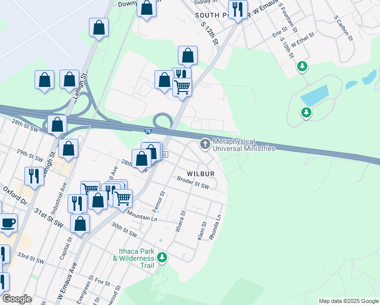 map of restaurants, bars, coffee shops, grocery stores, and more near 2502 Fernor Street in Allentown