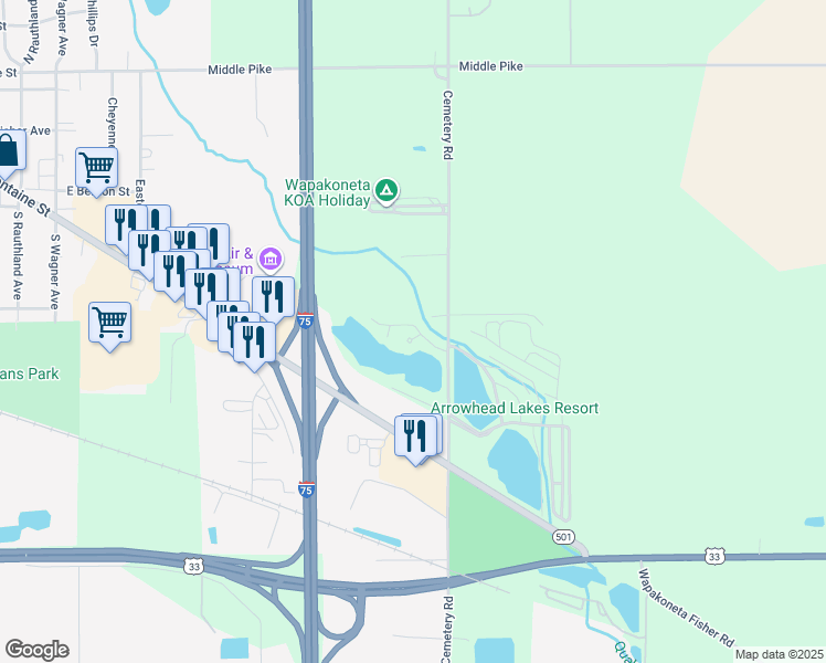 map of restaurants, bars, coffee shops, grocery stores, and more near 24 Eastlake Drive in Wapakoneta
