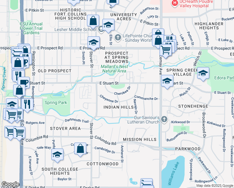 map of restaurants, bars, coffee shops, grocery stores, and more near 722 Cherokee Drive in Fort Collins