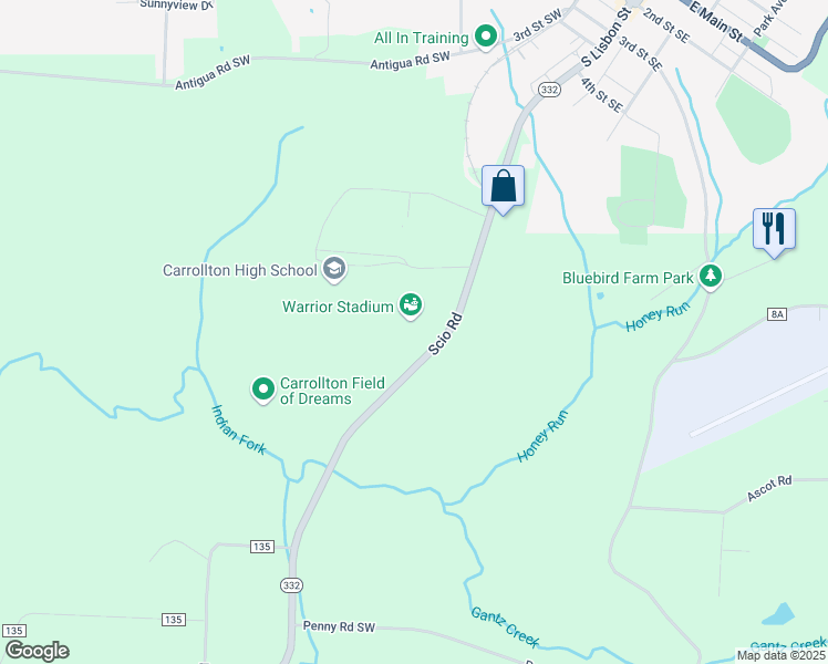 map of restaurants, bars, coffee shops, grocery stores, and more near 907 Scio Road in Carrollton