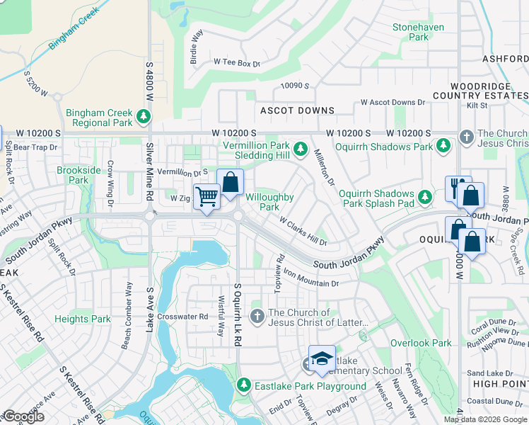 map of restaurants, bars, coffee shops, grocery stores, and more near 10377 Lac Vieux Road in South Jordan