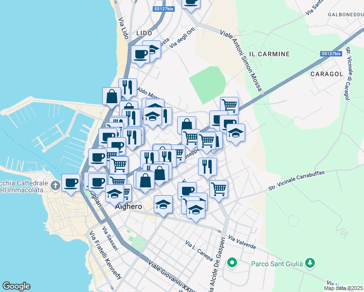 map of restaurants, bars, coffee shops, grocery stores, and more near 33 Via Caravaggio in Alghero