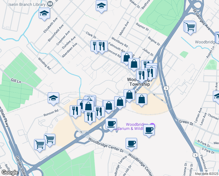 map of restaurants, bars, coffee shops, grocery stores, and more near 400 Hampton Lane in Woodbridge Township