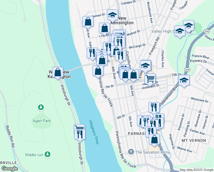 map of restaurants, bars, coffee shops, grocery stores, and more near 3 Kensington Square in New Kensington