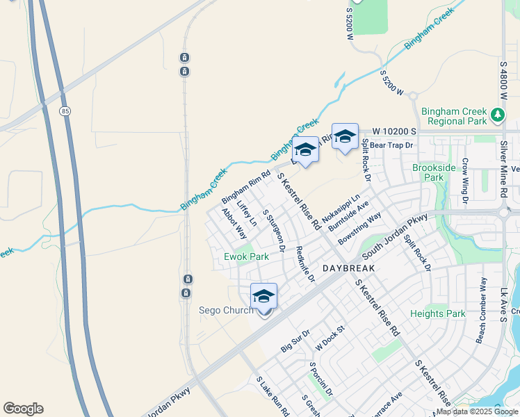 map of restaurants, bars, coffee shops, grocery stores, and more near 10367 South Sturgeon Drive in South Jordan