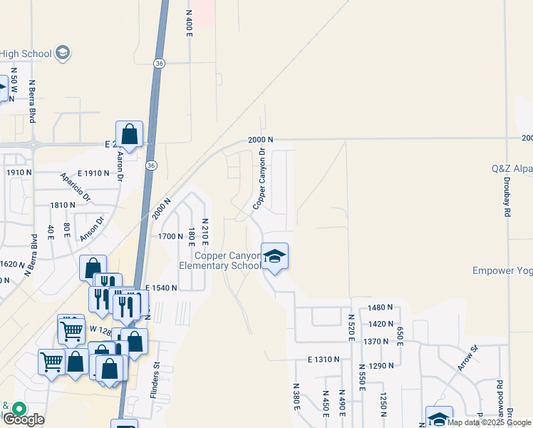 map of restaurants, bars, coffee shops, grocery stores, and more near 348 1770 North in Tooele