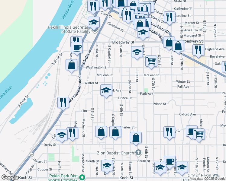 map of restaurants, bars, coffee shops, grocery stores, and more near 900 South Capitol Street in Pekin