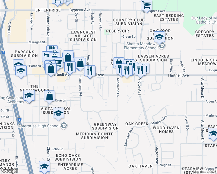 map of restaurants, bars, coffee shops, grocery stores, and more near 1463 Hartnell Avenue in Redding