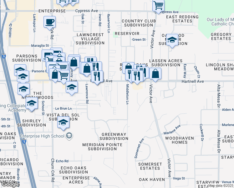 map of restaurants, bars, coffee shops, grocery stores, and more near 1463 Hartnell Avenue in Redding