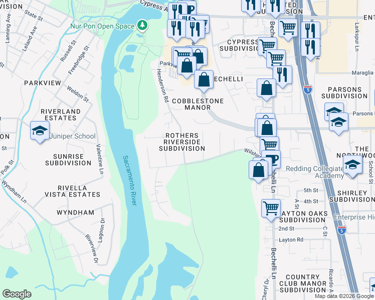 map of restaurants, bars, coffee shops, grocery stores, and more near 3043 Henderson Road in Redding