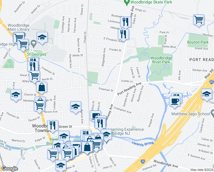 map of restaurants, bars, coffee shops, grocery stores, and more near 642 Ridgedale Avenue in Woodbridge Township
