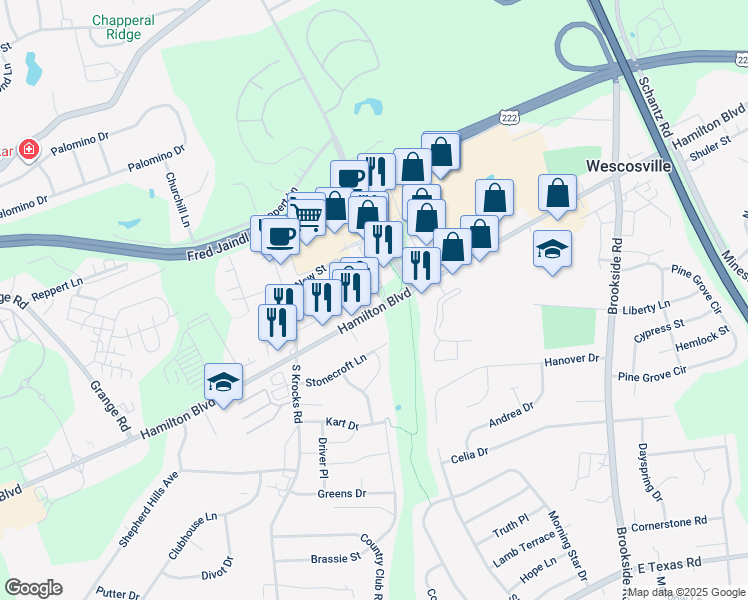 map of restaurants, bars, coffee shops, grocery stores, and more near 5475 Hamilton Boulevard in Allentown
