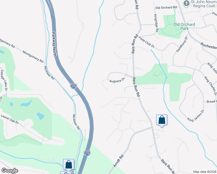 map of restaurants, bars, coffee shops, grocery stores, and more near 1621 Augusta Drive in Pittsburgh